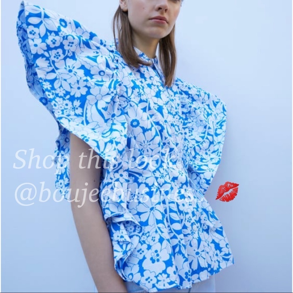 ZARA - BNWT Blue/White Printed Poplin Cotton Top with Ruffled Sleeves Size M